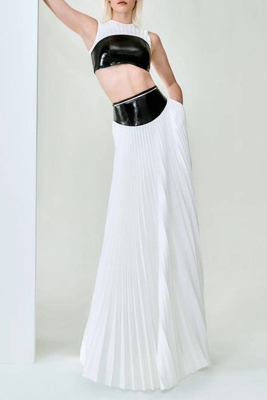 Brandon Maxwell Laurel Leather Waist Pleated Maxi Skirt in Black White 8